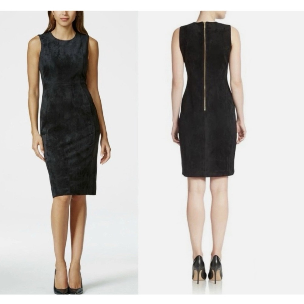 Calvin Klein Sleeveless Black Suede Sheath Dress Size 12 Gold Zipper Classic Lux